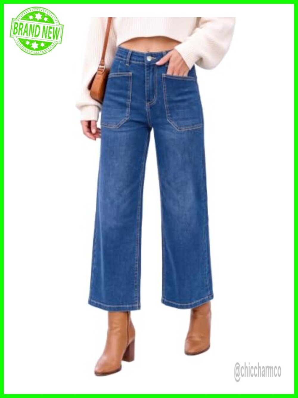 High Waisted Wide Leg Cropped Jeans Patch Pocket Stretch Denim Pants